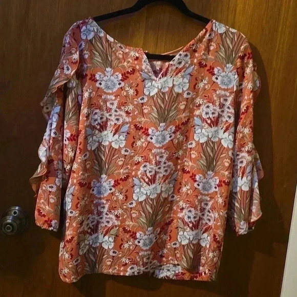 Lauren Conrad Floral Ruffle Sleeve Blouse M Orange Rust/White Boho Style - Picture 5 of 6